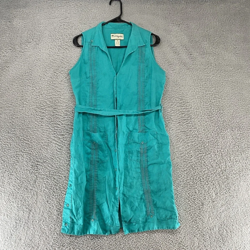 Mojito Linen Dress Womens Medium Turquoise‎ Blue Sleeveless Belted Cruise Resort
